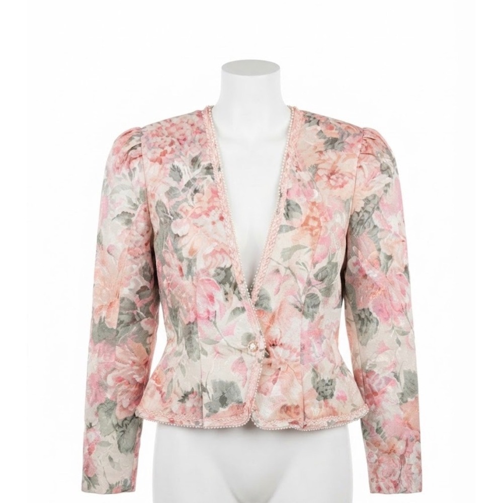 Jonathan Tait Floral Brocade peplum Blazer 12 Pearl Trim Cottagecore Coquette